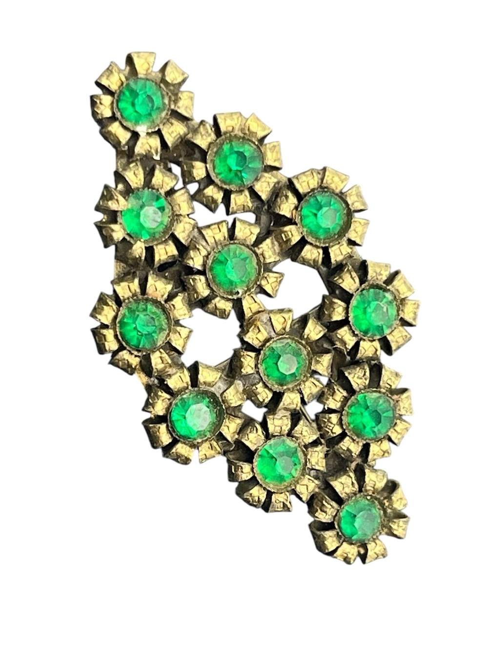Green rhinestone daisy flower cluster gold tone vintage brooch pin w rivets